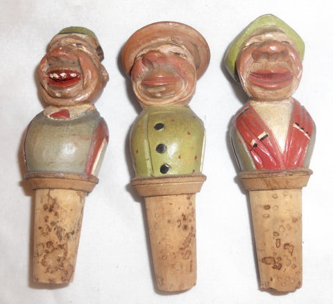 3 Figural Bottle Stoppers or Corks 2 Men Wearing Hats Woman Wearing Head Scarf