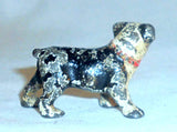 4 Old Painted Cast Iron Miniature Dogs Paperweights or Toys with One Advertising