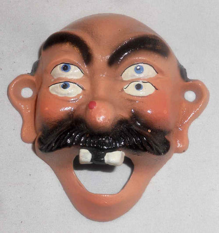 Old Painted Cast Iron Bottle Opener Man W/ Four Eyes, Mustache, & Open Mouth MIB