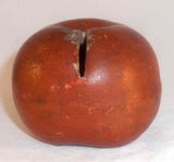 Antique Painted Redware Apple Form Still Coin Bank with Large Vertical Coin Slot