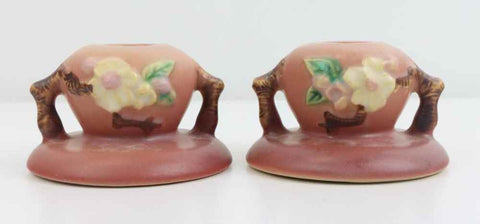 Beautiful Roseville Pottery Pair of Pink Apple Blossom Candlestick Holders 351