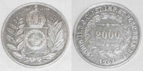 1852 Brazil Silver Coin Pedro II 2000 Reis KM# 462 Good Extremely Fine