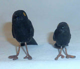 Two Small Primitive Carved Wood Black Birds Metal Wire Legs & Feet J. Bastian