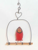 1992 Bastian Carved & Painted Wood Folk Art Red Cardinal Heart Decorated Swing