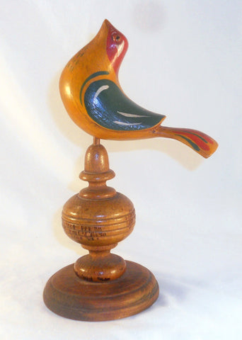 Contemporary PA Folk Art Carved Wood Long Tailed Red Head Bird High Wood Base