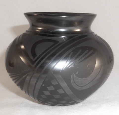 Mata Ortiz Black on Black Small Pottery Pot Geometric Design By Antonia Andrew