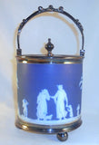 Old Wedgwood Jasperware Blue Colored Covered Biscuit Barrel Silverplate Trim+Lid