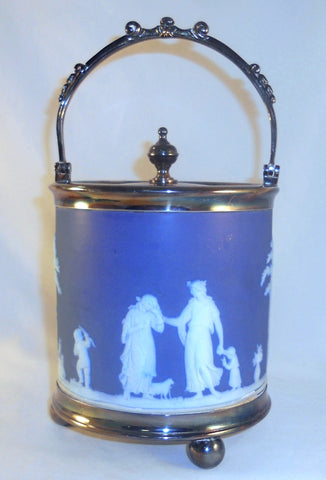 Old Wedgwood Jasperware Blue Colored Covered Biscuit Barrel Silverplate Trim+Lid