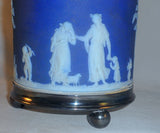 Old Wedgwood Jasperware Blue Colored Covered Biscuit Barrel Silverplate Trim+Lid