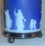 Old Wedgwood Jasperware Blue Colored Covered Biscuit Barrel Silverplate Trim+Lid