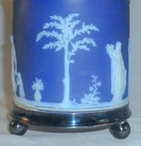 Old Wedgwood Jasperware Blue Colored Covered Biscuit Barrel Silverplate Trim+Lid