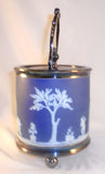 Old Wedgwood Jasperware Blue Colored Covered Biscuit Barrel Silverplate Trim+Lid