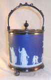 Old Wedgwood Jasperware Blue Colored Covered Biscuit Barrel Silverplate Trim+Lid