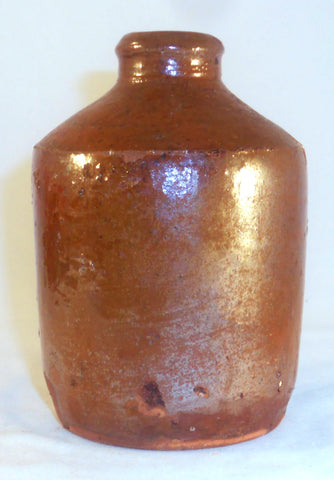 Old Manganese Glazed Redware Squat Small Bottle/Flask Round Base South East PA