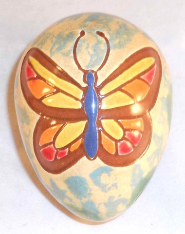 2011 Breininger Glazed Redware Easter Egg Sgraffito Decorated Colorful Butterfly