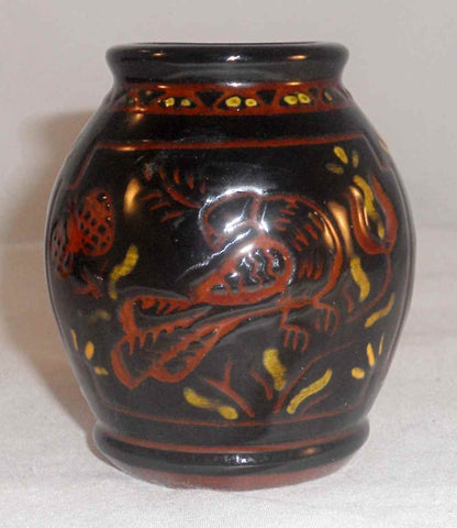 1993 Breininger Redware Miniature Jar Sgraffito Distelfink Tulips Moravian Color