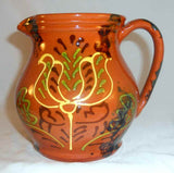 1996 Breininger Redware Bulbous Demo Pitcher 27th Porch Show, Slip Bird Tulip