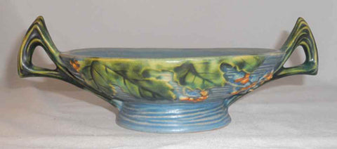 1940s Roseville Art Pottery Blue Bushberry Footed Bowl w/ Two Handles 412-6"