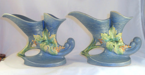 1940s Roseville Art Pottery Blue Bushberry Pair of Double Cornucopia 155-8"