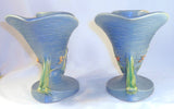 1940s Roseville Art Pottery Blue Bushberry Pair of Double Cornucopia 155-8"