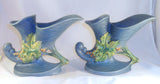 1940s Roseville Art Pottery Blue Bushberry Pair of Double Cornucopia 155-8"