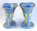 1940s Roseville Art Pottery Blue Bushberry Pair of Double Cornucopia 155-8"