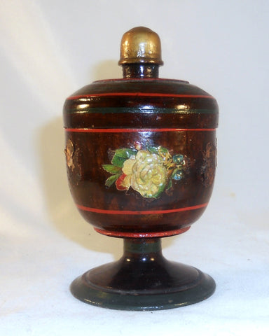 Vintage Turned Maple Wood Lidded Saffron Cup Painted Varnished & Decal Decorated