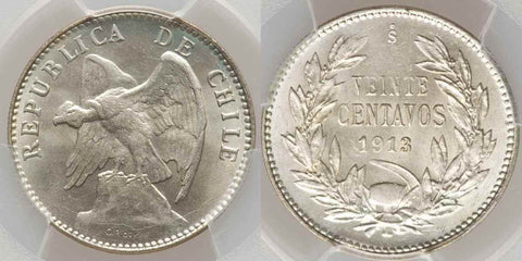1913 So Silver Coin from Chile Santiago Mint 20 Centavos Winged Condor PCGS MS65