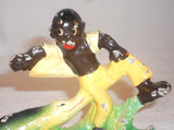 Old Painted Cast Iron Bottle Opener Alligator Chasing Boy Nipping at His Pants