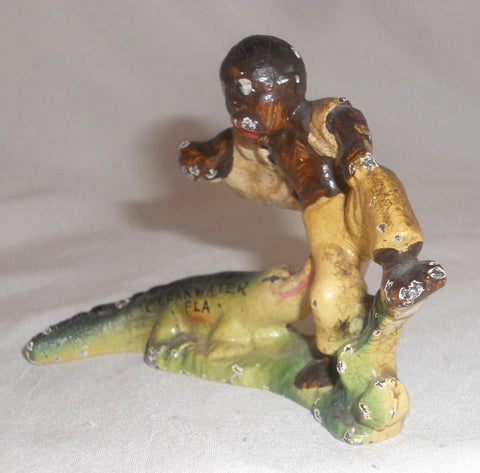 Cast Iron Painted Bottle Opener Boy Chased by Alligator Clearwater FLA Souvenir