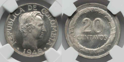 Republic of Columbia Silver Coin 1948/5B Twenty Centavos Bogota Mint NGC MS65