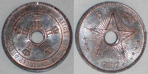 Beautiful Red Brown Copper Coin Hole in Middle Five Centimes 1887 Congo Free State Lustrous Uncirculated