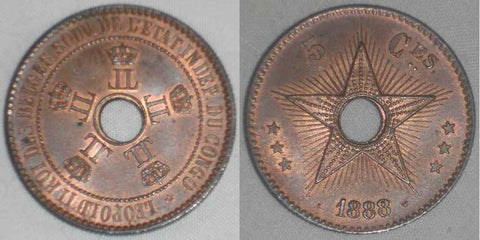 1888/7 Copper Coin Hole in Middle Five Centimes Congo Free State AU++