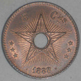 1888/7 Copper Coin Hole in Middle Five Centimes Congo Free State AU++