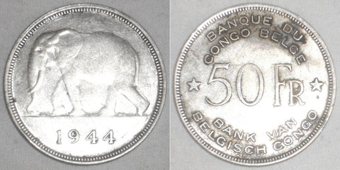 1944 Silver Coin Belgian Congo Fifty Francs Elephant Moving Left Toned VF++