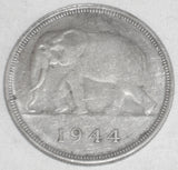 1944 Silver Coin Belgian Congo Fifty Francs Elephant Moving Left Toned VF++