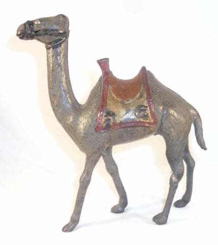 Antique Painted Cast Iron Still Penny Bank Large Camel Reddish-Brown Gold Saddle