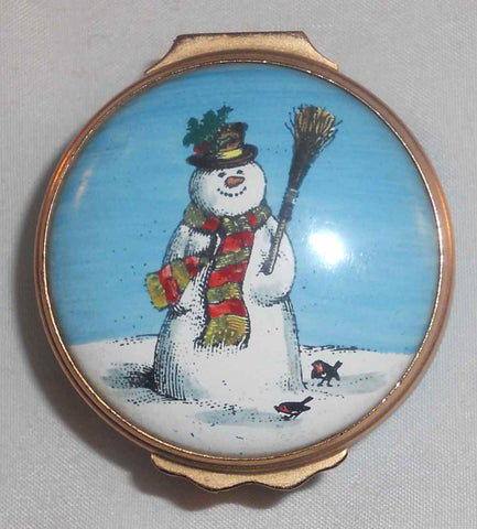 Beautiful English Small Round Cartier© Enameled Box Colorful Snowman Decoration