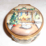 English Round Cartier© Enameled Box Christmas 1980 Xmas Tree, Holly & Fireplace