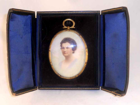 Antique Hand Painted Signed Miniature Of Woman in Brass Frame W/ Original Case