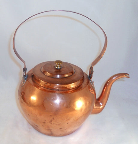 Old Copper Teapot or Kettle Stepped Lid with Central Finial and Gooseneck Spout