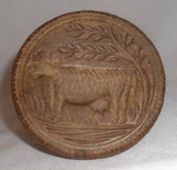 1870s Deep Chip Carved Wood Butter Print Standing Cow Design Knob Shaped Handel