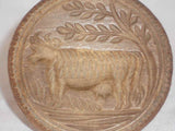 1870s Deep Chip Carved Wood Butter Print Standing Cow Design Knob Shaped Handel