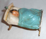 Vintage Iron & Tin Polychrome Painted Penny Bank Baby in Cradle with Bird