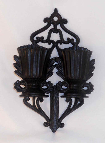 Antique Hanging Cast Iron Two Compartment Match Holder Urns with Scroll & Plants