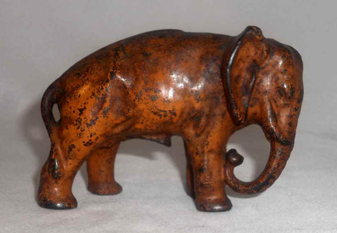 Antique Painted Cast Iron Still Penny Bank Elephant w/ Tucked Trunk by Arcade US