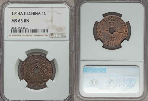 Beautiful 1914 Cent Bronze UNC Coin French Indo-China Central Hole NGC MS 63 BN