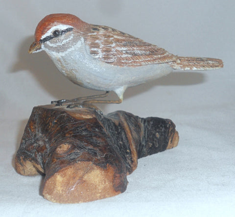 1994 Carved Wood Painted Chipping Sparrow Wood base William (Bill) Faix NE MD