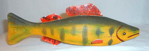 Vintage Carved Wood & Metal Polychrome Painted Folk Art Yellow Perch Fish Decoy