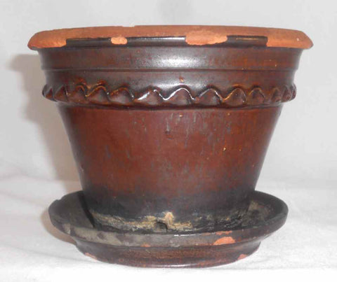 1880s Antique Pennsylvania Lead Glazed Redware Flower Pot with Attached Saucer